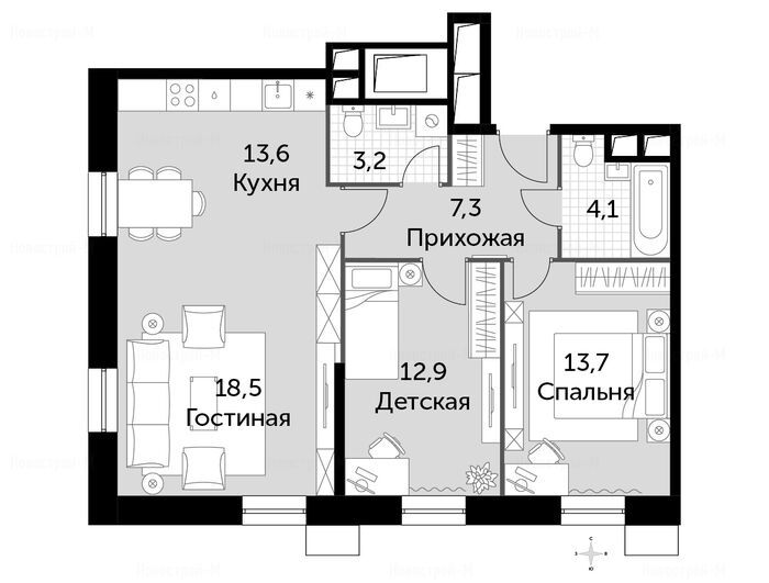 3-комнатная квартира в Апарт-комплекс «Движение. Тушино»