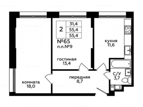 2-комнатная квартира в Клубный дом «Мята»