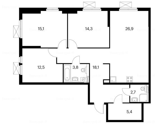 3-комнатная квартира в Жилой комплекс «Просторная 7»