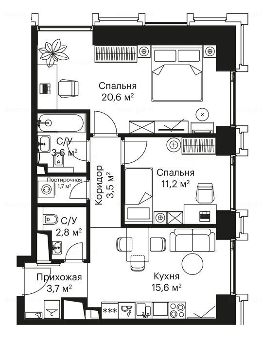 2-комнатная квартира в ЖК City Bay