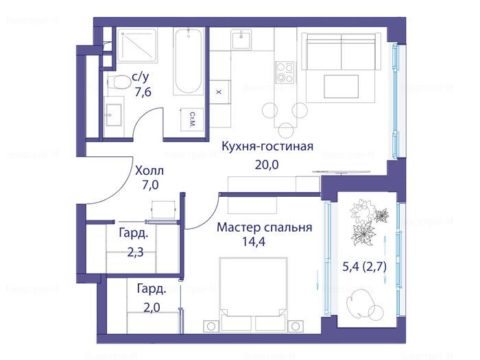 1-комнатная квартира в Клубный дом «Река»