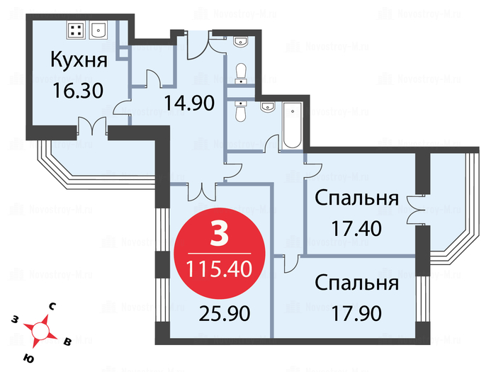 3-комнатная квартира в ЖК «Мосфильмовский»