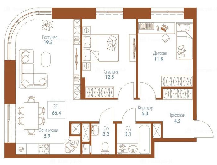 3-комнатная квартира в Апарт-комплекс Monodom FAMILY