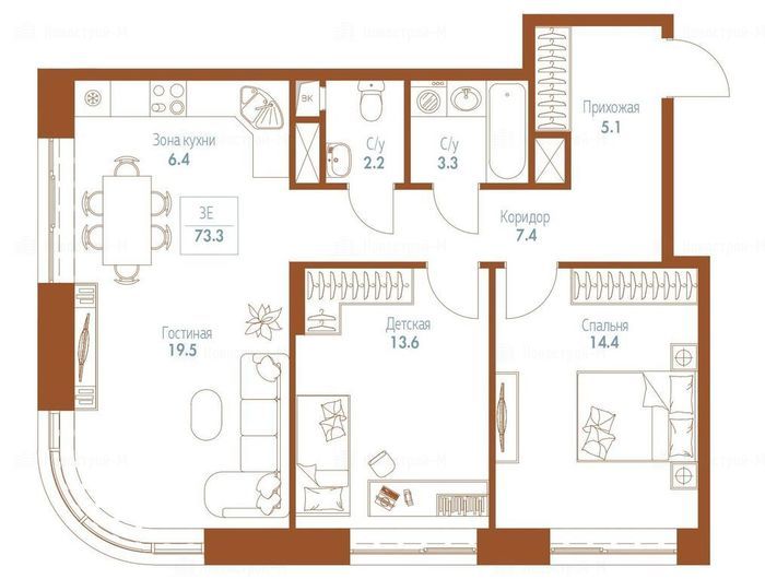 3-комнатная квартира в Апарт-комплекс Monodom FAMILY