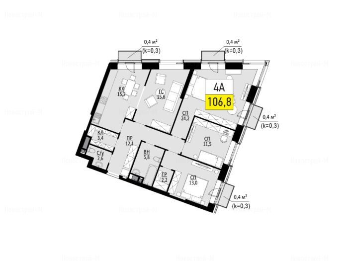 4-комнатная квартира в ЖК Wellton Towers