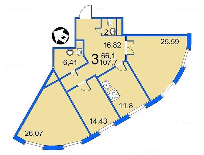 3-комнатная квартира в ЖК в районе Левобережный, мкр. 1а