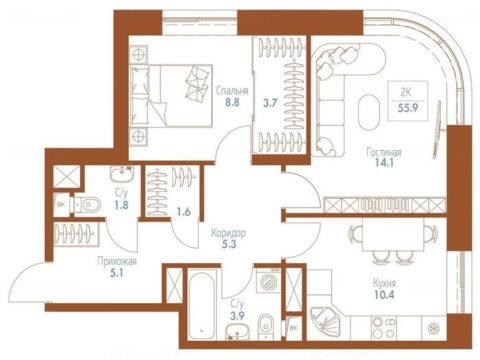 2-комнатная квартира в Апарт-комплекс Monodom FAMILY