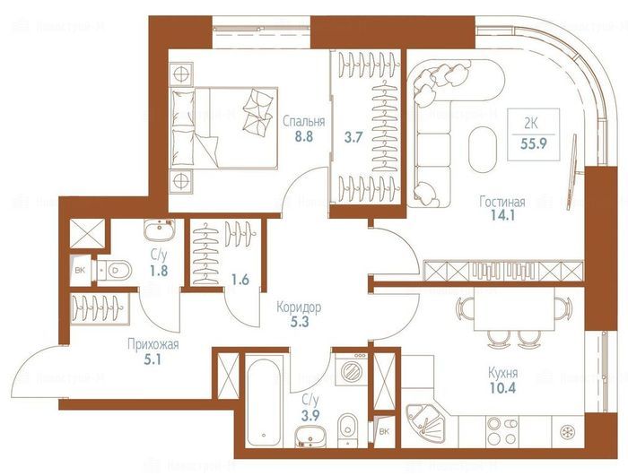 2-комнатная квартира в Апарт-комплекс Monodom FAMILY