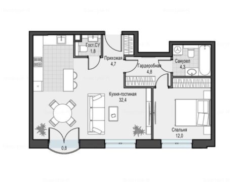 2-комнатная квартира в Дом «Достижение»