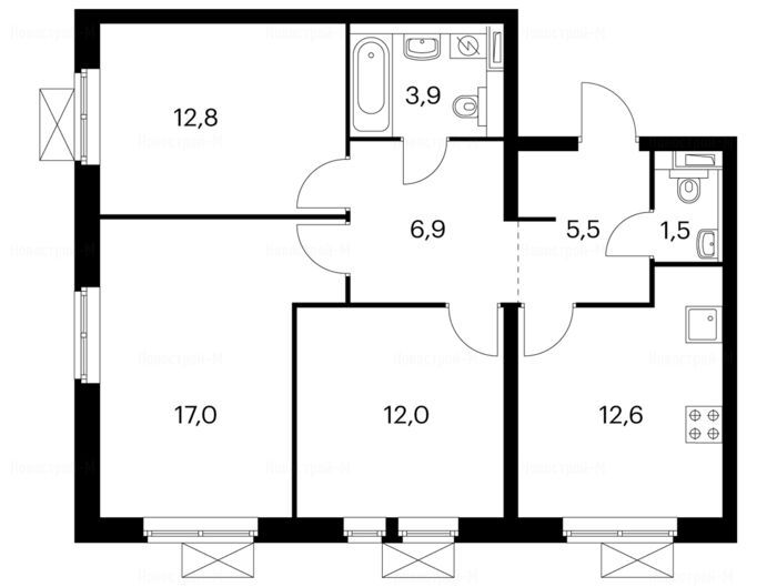 3-комнатная квартира в Жилой комплекс «Амурский парк»