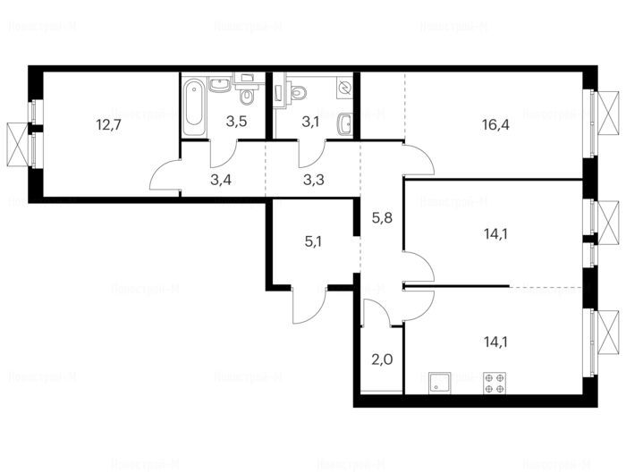 3-комнатная квартира в Жилой комплекс «Амурский парк»