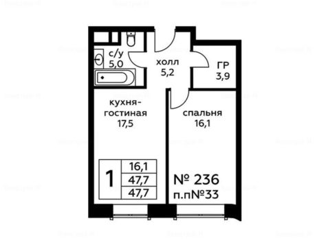 1-комнатная квартира в Сити-комплекс «Амарант»