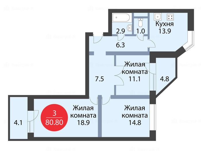 3-комнатная квартира в ЖК «Некрасовка»
