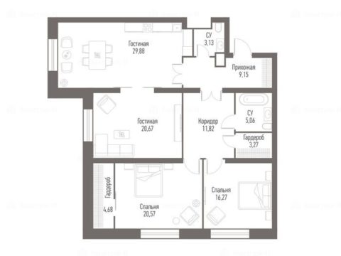 3-комнатная квартира в Комплекс апартаментов Alcon Tower